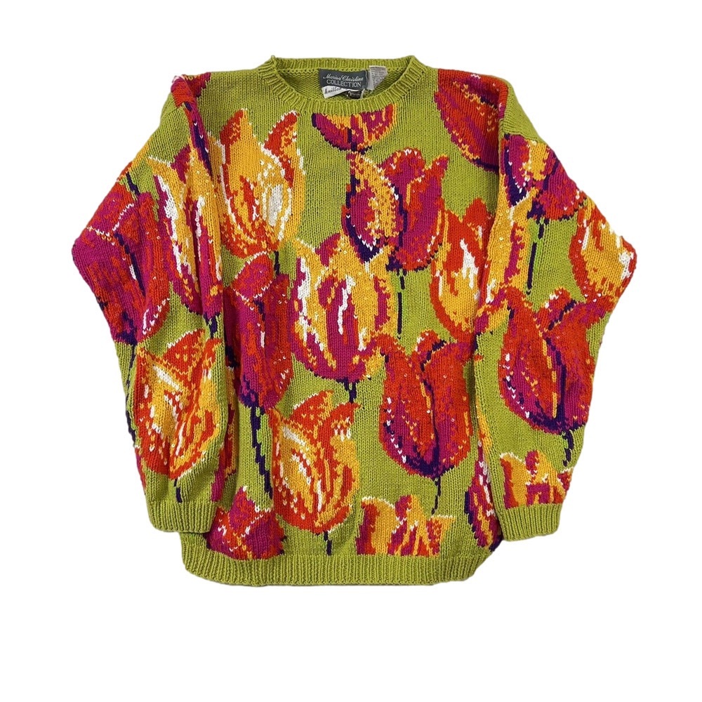 Vintage Floral Knit Sweater - Green with Red & Pink Tulips